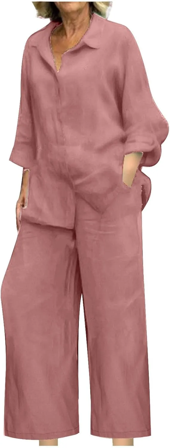 hlysgo Cotton Linen 2 Piece Outfits for Women Casual Loose Fit Long Sleeve Button Down Shirts and Pants Plus Size Set