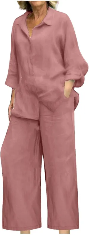 hlysgo Cotton Linen 2 Piece Outfits for Women Casual Loose Fit Long Sleeve Button Down Shirts and Pants Plus Size Set