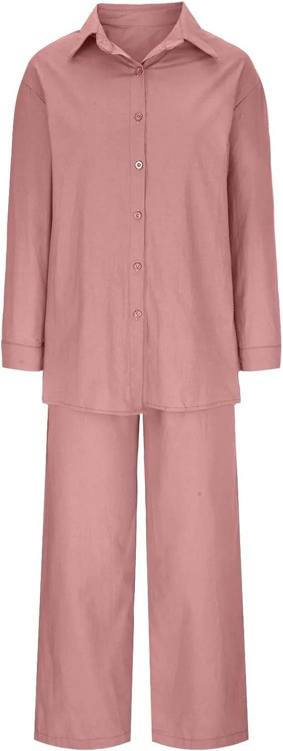 hlysgo Cotton Linen 2 Piece Outfits for Women Casual Loose Fit Long Sleeve Button Down Shirts and Pants Plus Size Set