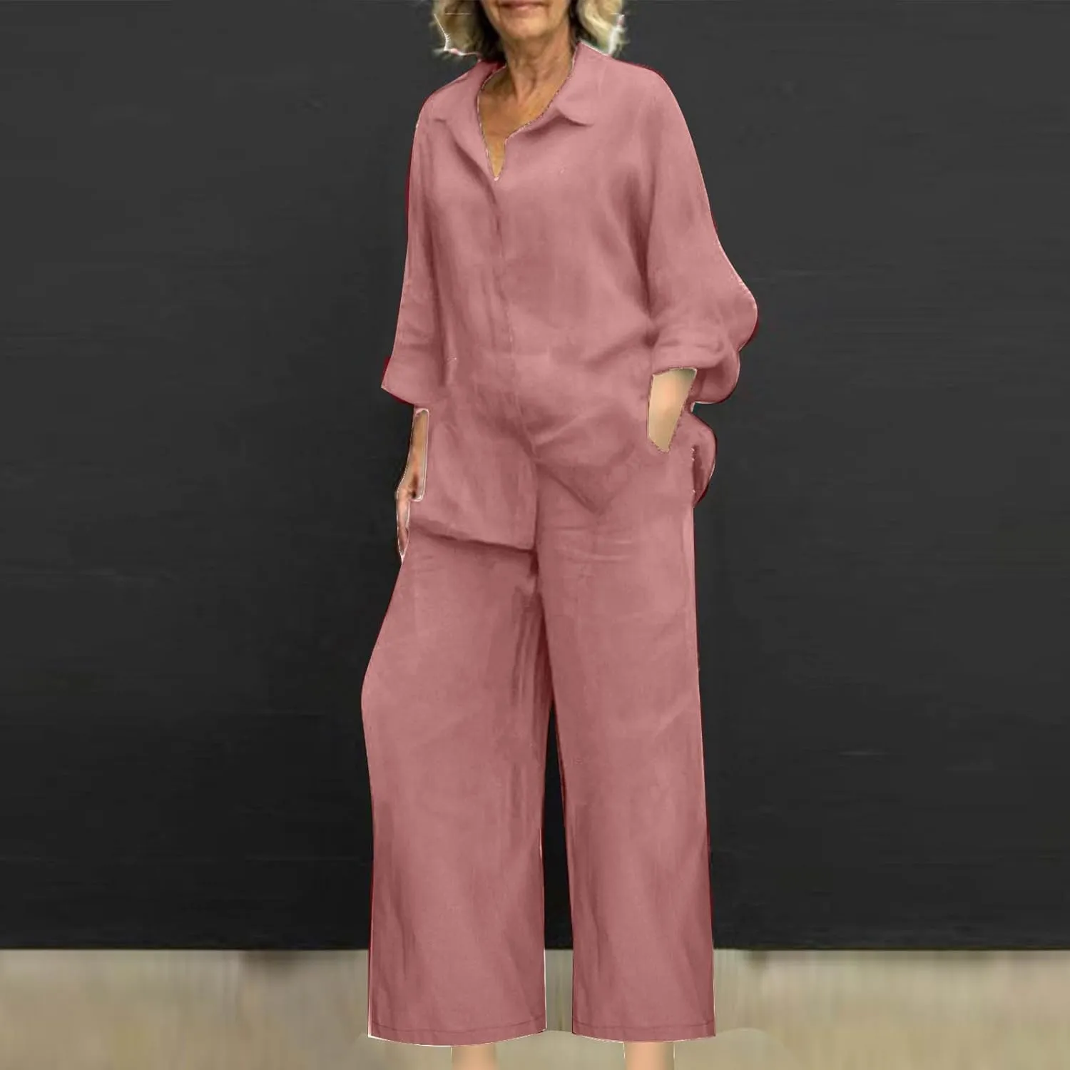 hlysgo Cotton Linen 2 Piece Outfits for Women Casual Loose Fit Long Sleeve Button Down Shirts and Pants Plus Size Set