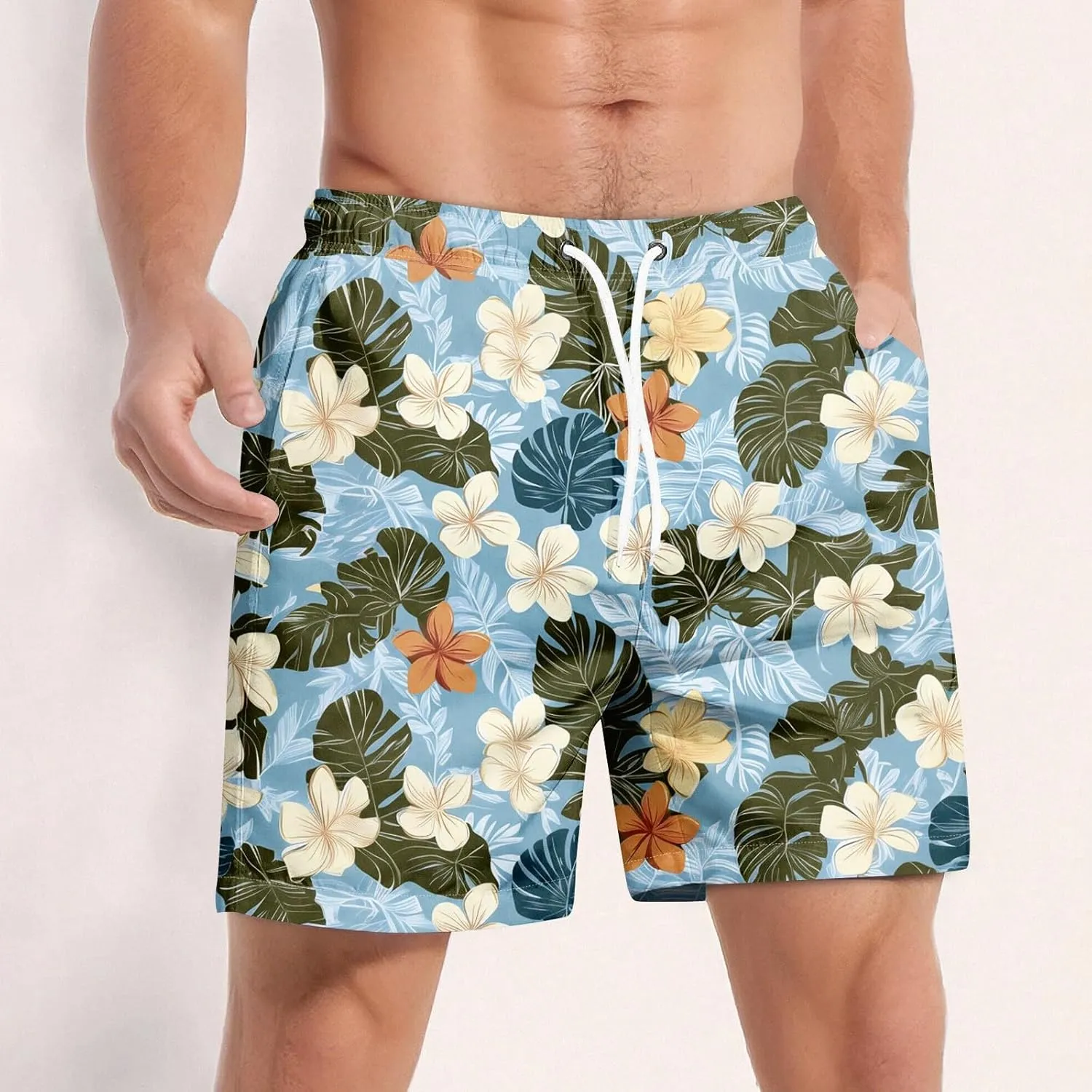 Holiday Shorts for Men, Floral Tropical Hawaiian Beach Shorts Elastic Waist Drawstring Casual Printed Trunks
