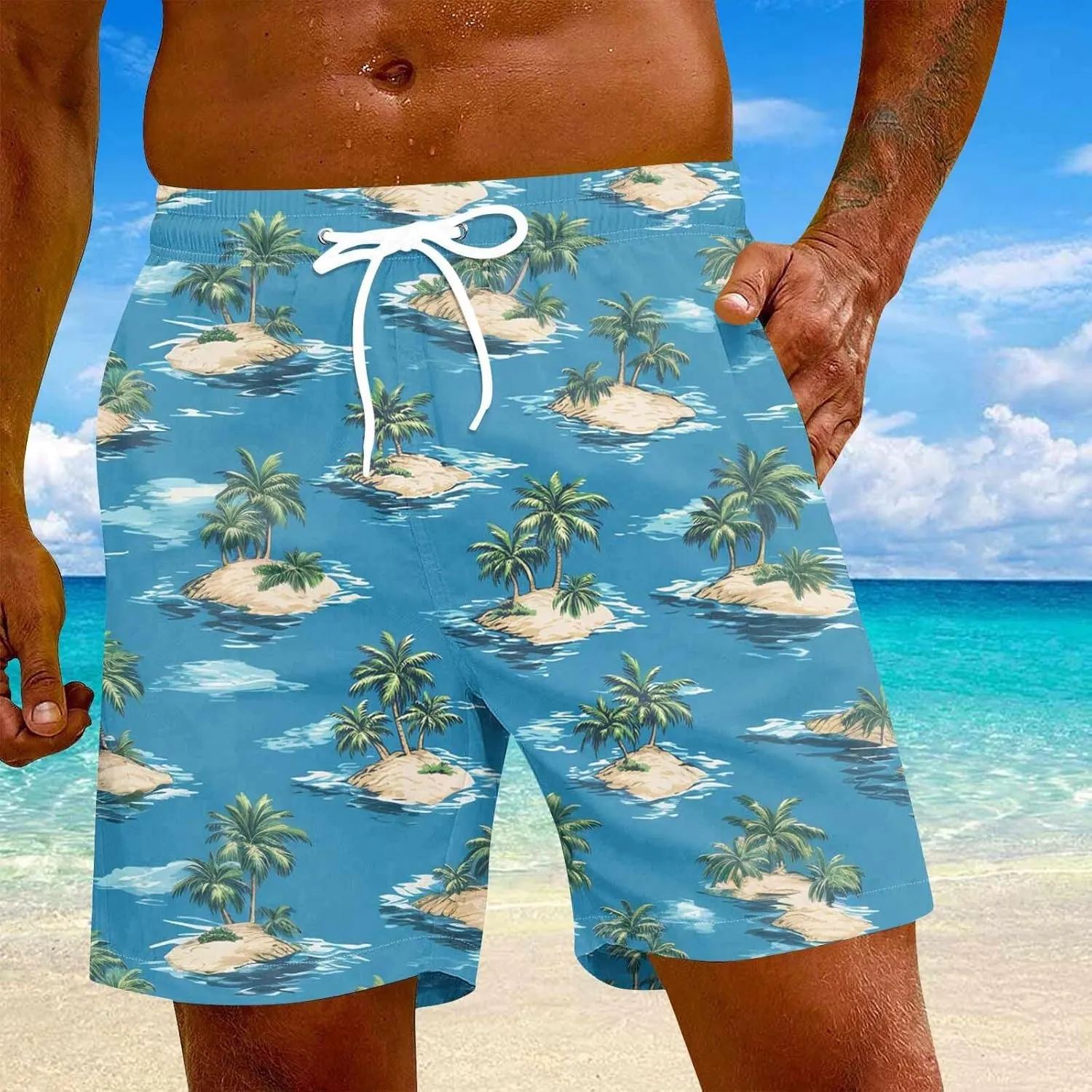 Holiday Shorts for Men, Floral Tropical Hawaiian Beach Shorts Elastic Waist Drawstring Casual Printed Trunks