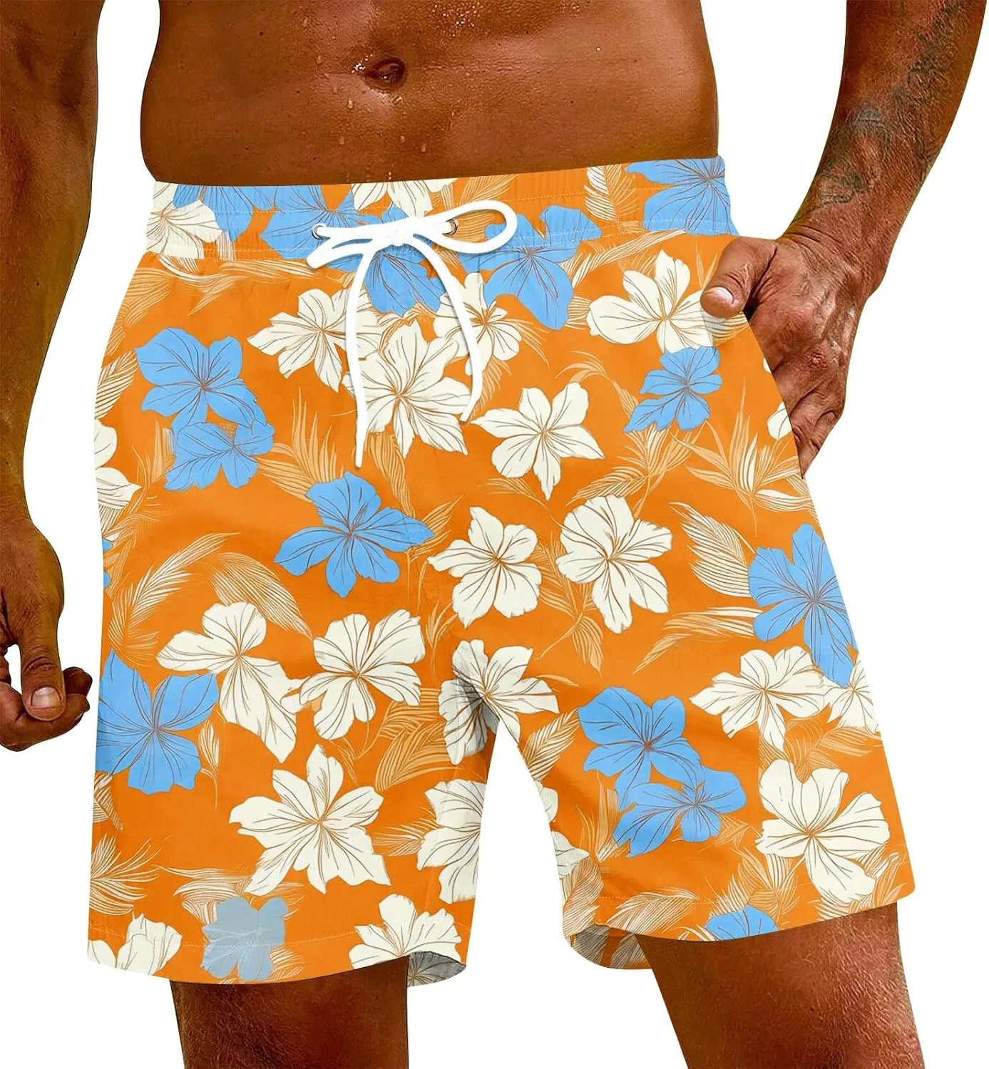 Holiday Shorts for Men, Floral Tropical Hawaiian Beach Shorts Elastic Waist Drawstring Casual Printed Trunks