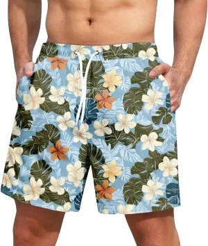 Holiday Shorts for Men, Floral Tropical Hawaiian Beach Shorts Elastic Waist Drawstring Casual Printed Trunks