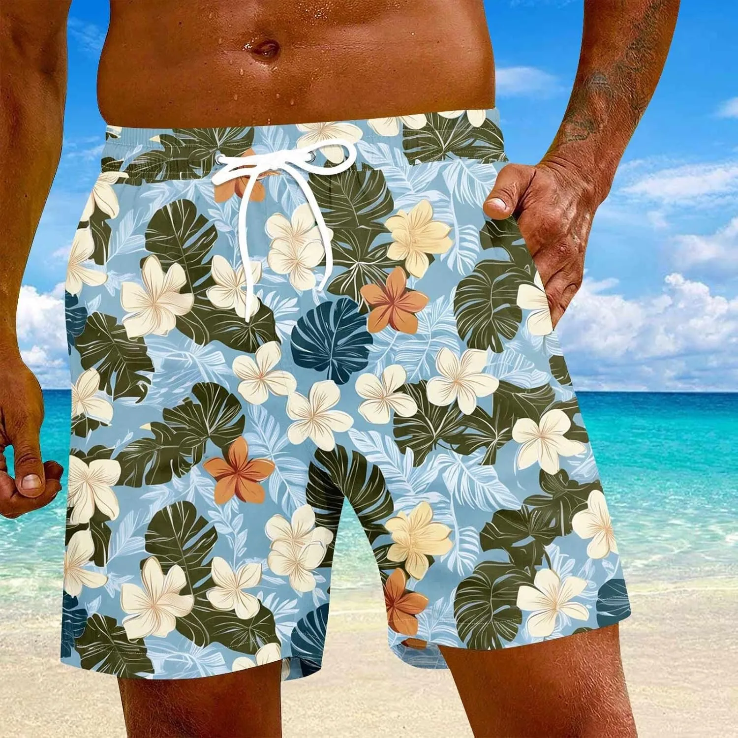 Holiday Shorts for Men, Floral Tropical Hawaiian Beach Shorts Elastic Waist Drawstring Casual Printed Trunks