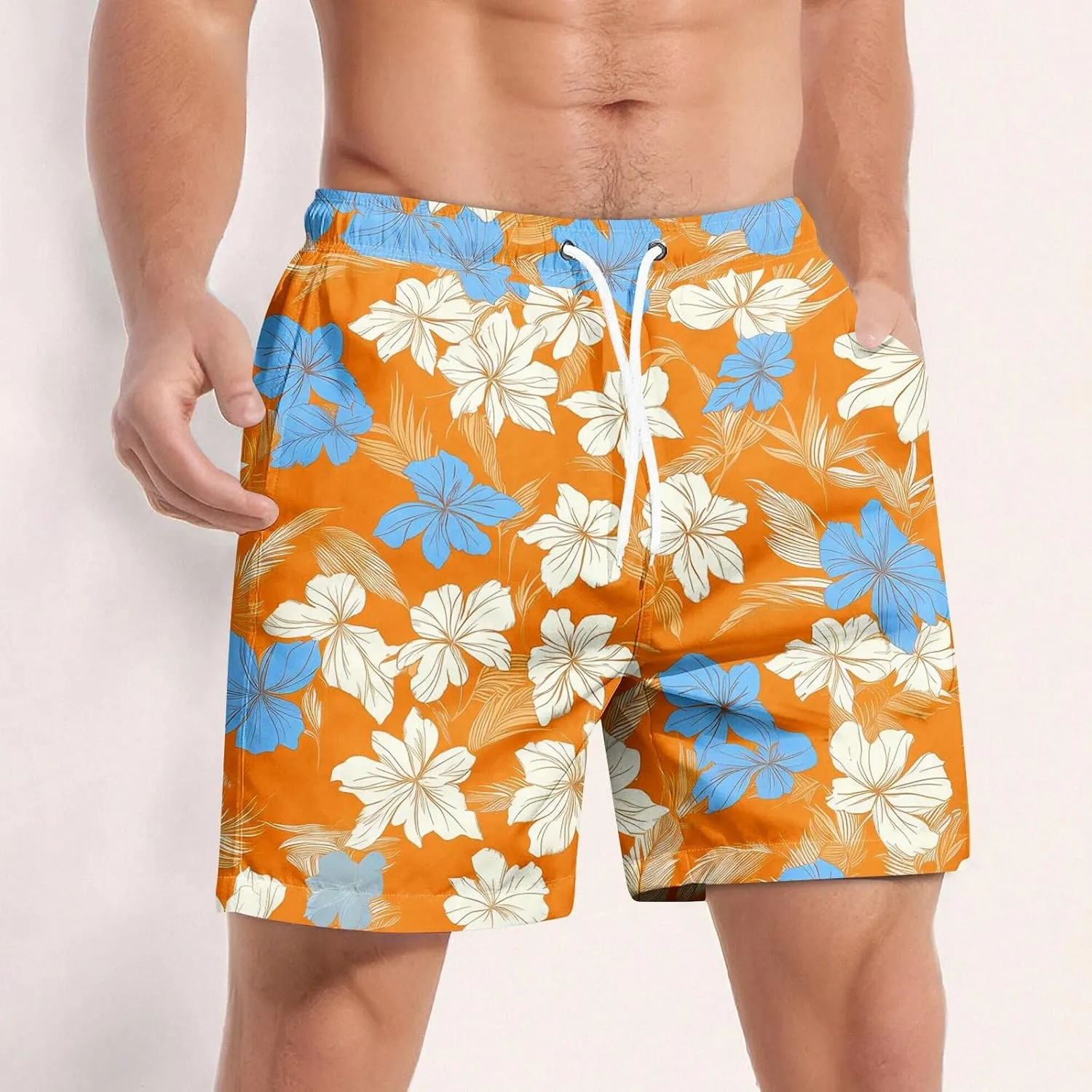 Holiday Shorts for Men, Floral Tropical Hawaiian Beach Shorts Elastic Waist Drawstring Casual Printed Trunks