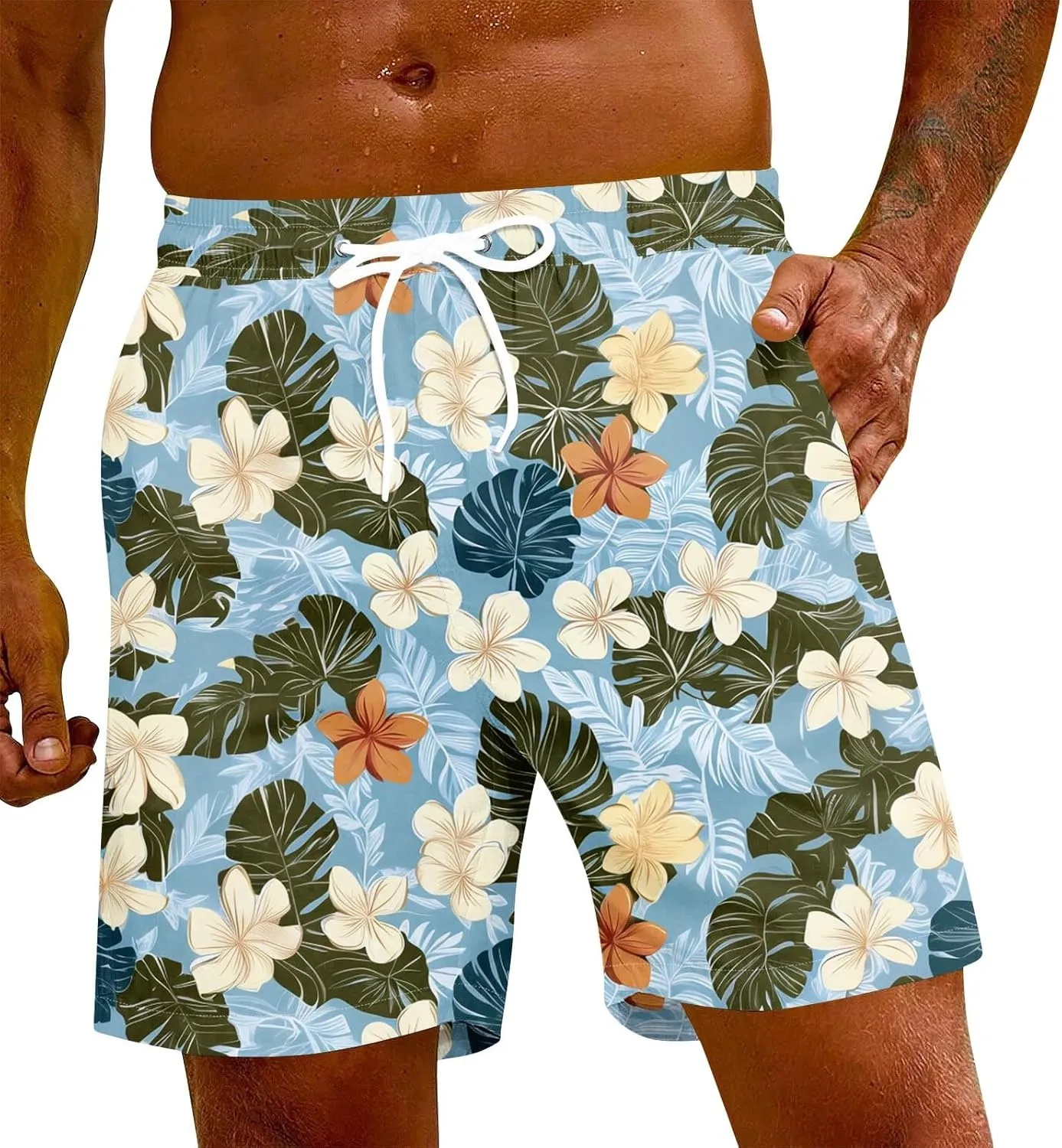 Holiday Shorts for Men, Floral Tropical Hawaiian Beach Shorts Elastic Waist Drawstring Casual Printed Trunks