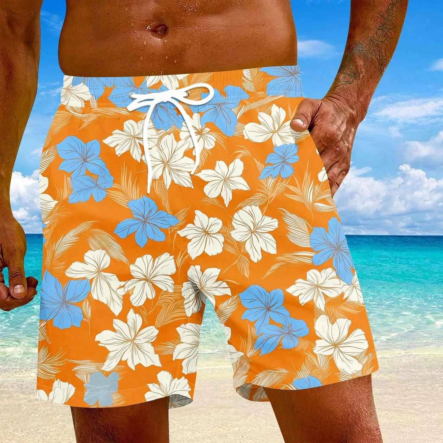 Holiday Shorts for Men, Floral Tropical Hawaiian Beach Shorts Elastic Waist Drawstring Casual Printed Trunks