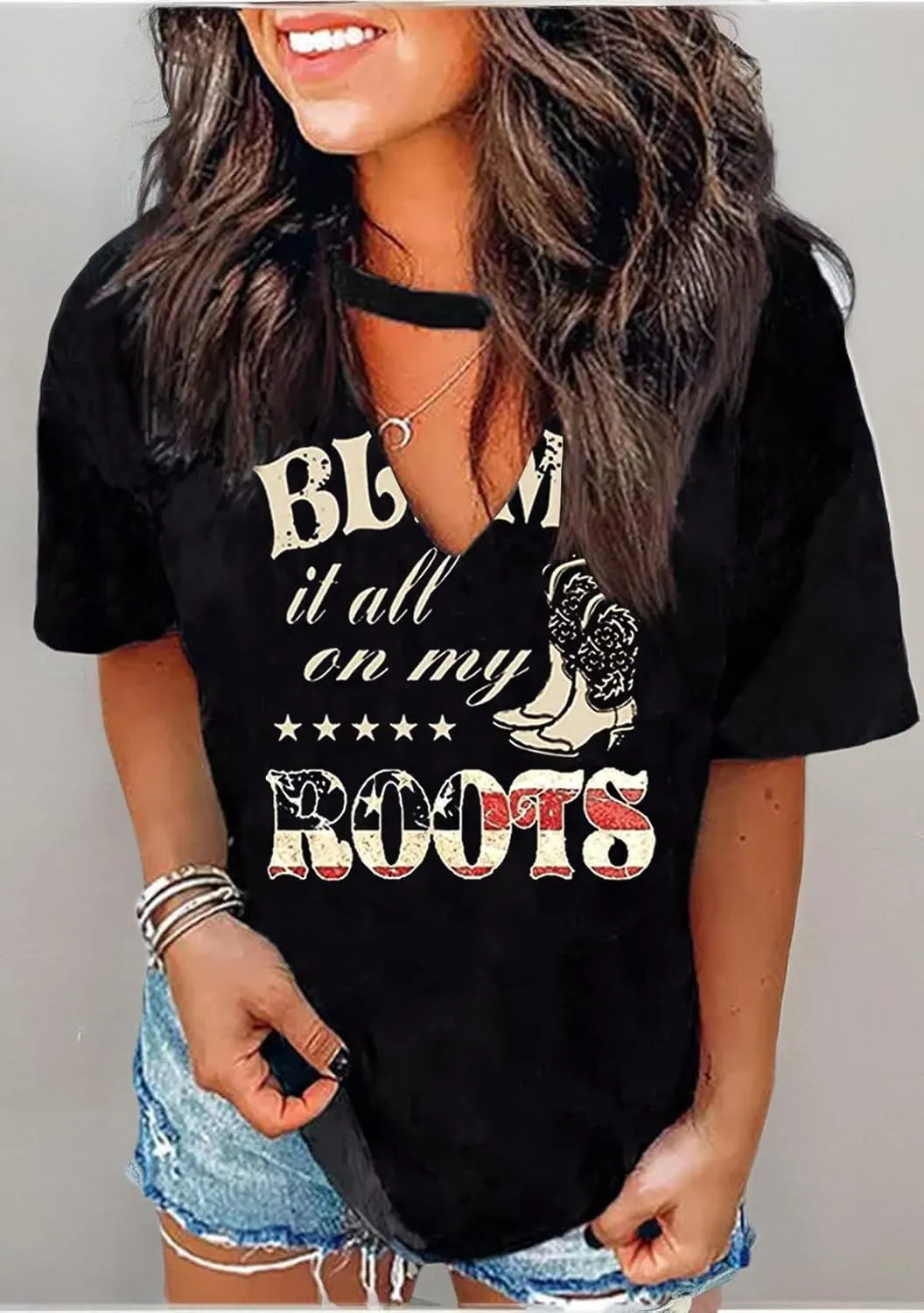 Hollow Out T Shirts for Women Western Graphic Shirts Country Cowgirls Shirts Casual Short Sleeve V Neck Tops