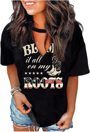 Hollow Out T Shirts for Women Western Graphic Shirts Country Cowgirls Shirts Casual Short Sleeve V Neck Tops