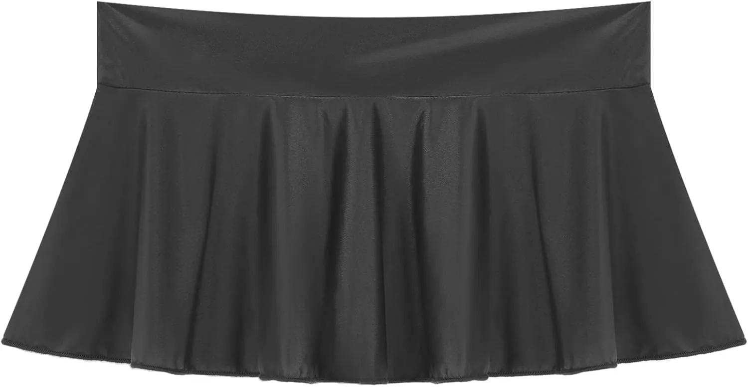 Hularka Women's Sexy Glossy Stretchy Elastic Waist Pleated Ruffle Mini Skirt Schoolgirl Cosplay