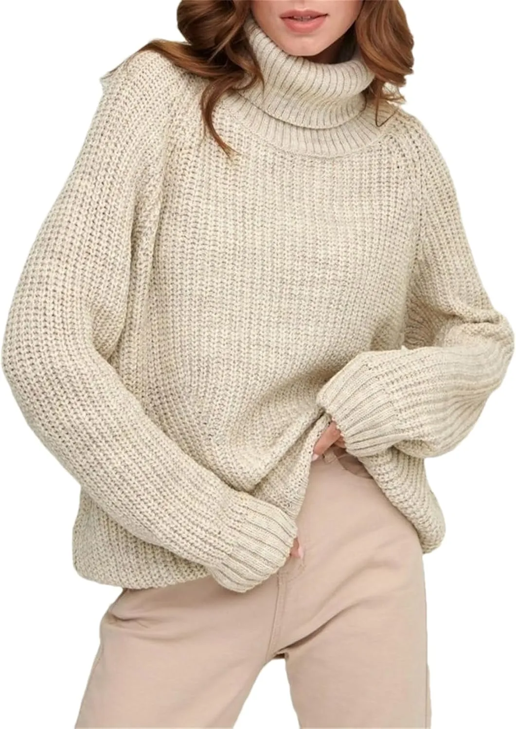 Jegsnoe Women Turtleneck Sweater Oversized Pullover Basic Warm Thick Pullovers Knitted Sweaters