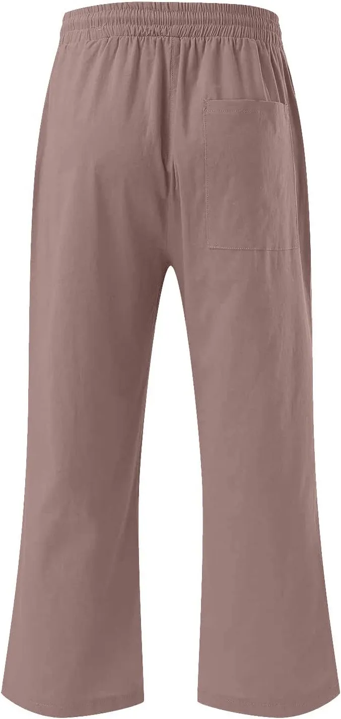 JOAU Summer Cotton Linen Cropped Wide Leg Pants, Women Casual Loose Drawstring Elastic Waist Capris Trousers with Pockets