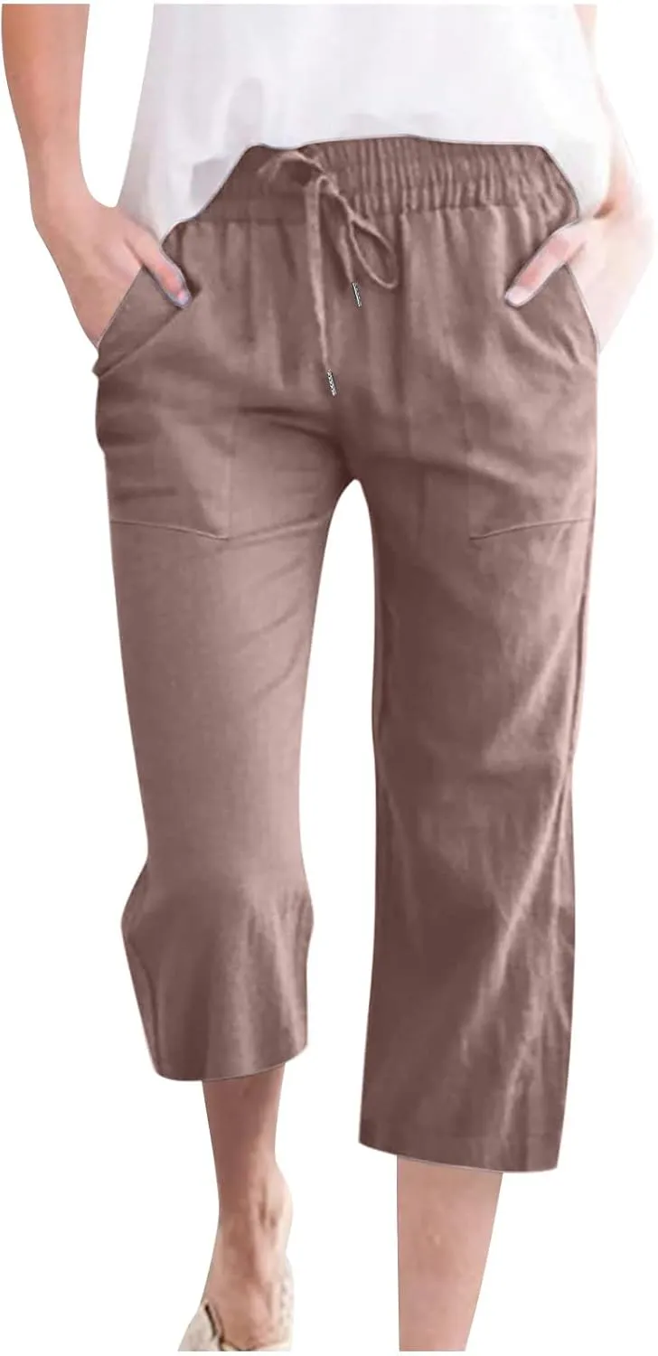 JOAU Summer Cotton Linen Cropped Wide Leg Pants, Women Casual Loose Drawstring Elastic Waist Capris Trousers with Pockets
