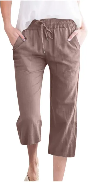 JOAU Summer Cotton Linen Cropped Wide Leg Pants, Women Casual Loose Drawstring Elastic Waist Capris Trousers with Pockets