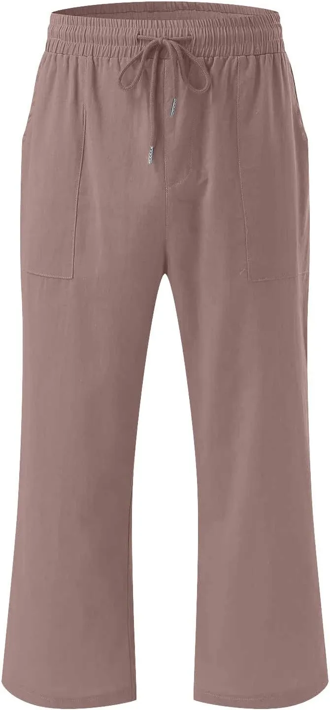 JOAU Summer Cotton Linen Cropped Wide Leg Pants, Women Casual Loose Drawstring Elastic Waist Capris Trousers with Pockets