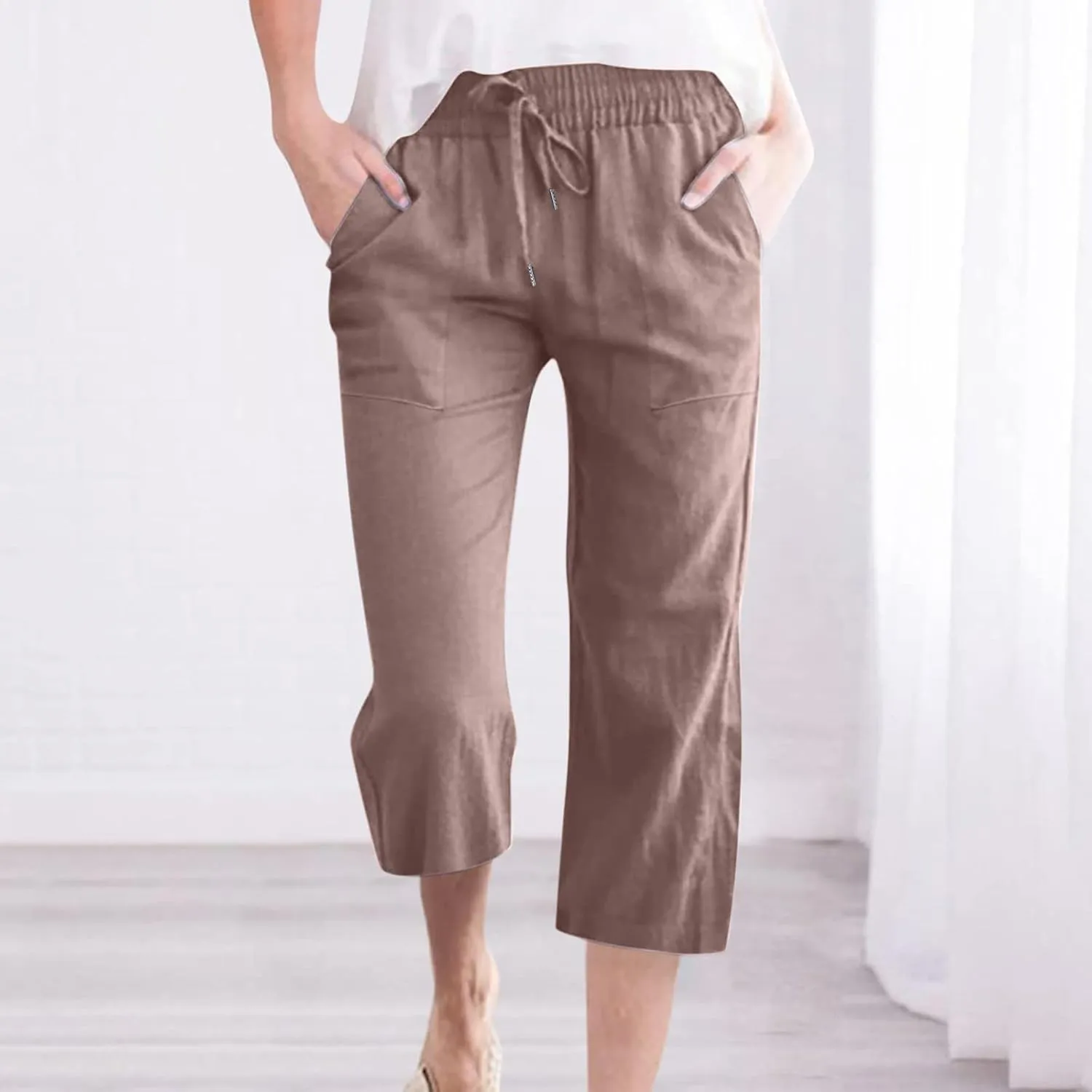 JOAU Summer Cotton Linen Cropped Wide Leg Pants, Women Casual Loose Drawstring Elastic Waist Capris Trousers with Pockets
