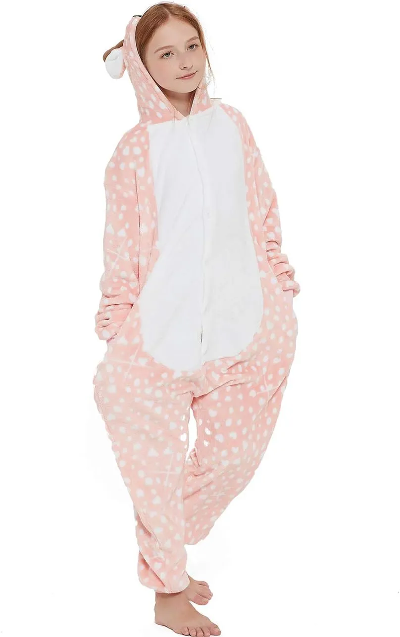 Kid Reindeer Onesie Pajamas Deer Christmas Halloween Costume Boy Girl Animal Onepiece (Pink, 140)