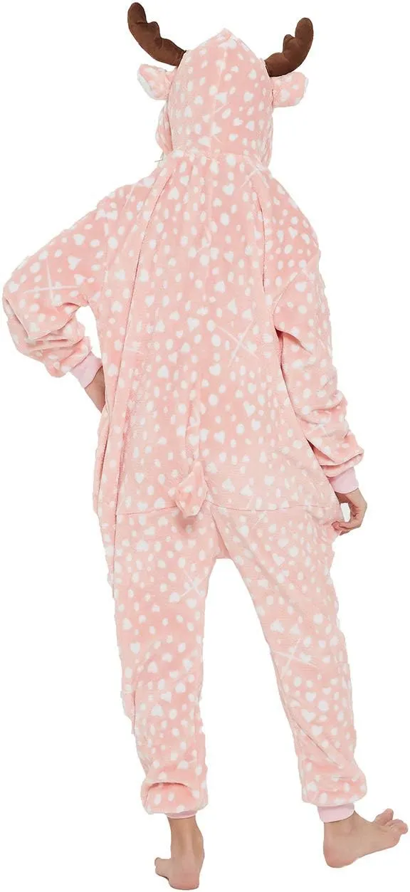 Kid Reindeer Onesie Pajamas Deer Christmas Halloween Costume Boy Girl Animal Onepiece (Pink, 140)