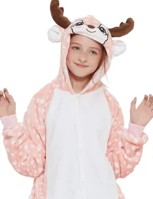 Kid Reindeer Onesie Pajamas Deer Christmas Halloween Costume Boy Girl Animal Onepiece (Pink, 140)