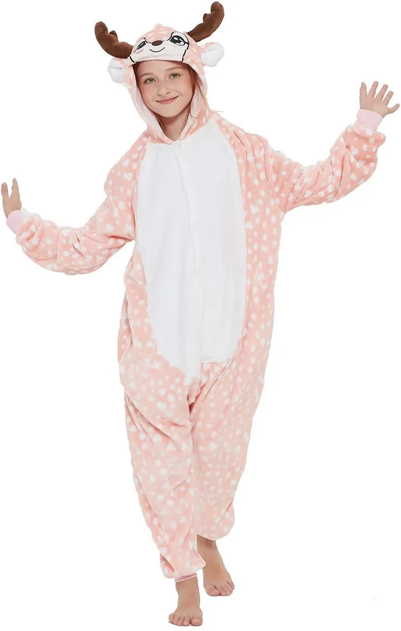 Kid Reindeer Onesie Pajamas Deer Christmas Halloween Costume Boy Girl Animal Onepiece (Pink, 140)
