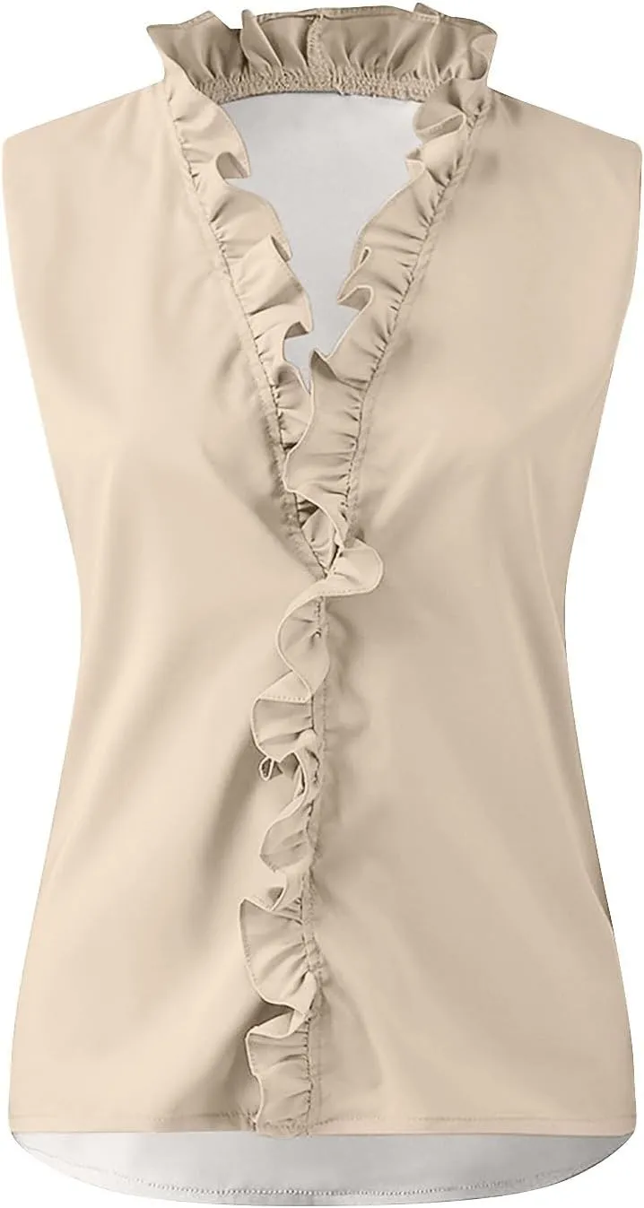 KIKX0DE Womens Sleeveless Ruffle Peplum Front Tank Tops Casual Summer V Neck Shirts