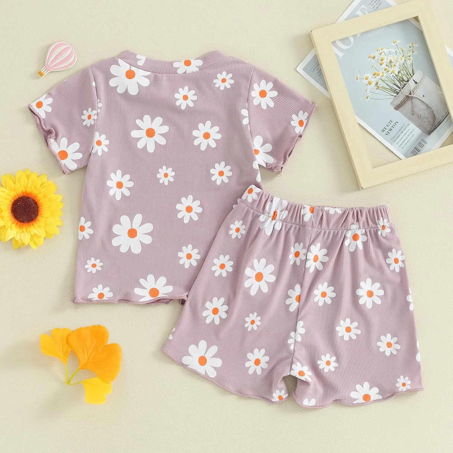 Kupretty Toddler Baby Girl Summer Clothes Ruffle Ribbed Knit Short Sleeves T-Shirt Tops   Shorts Cute Outfits Set