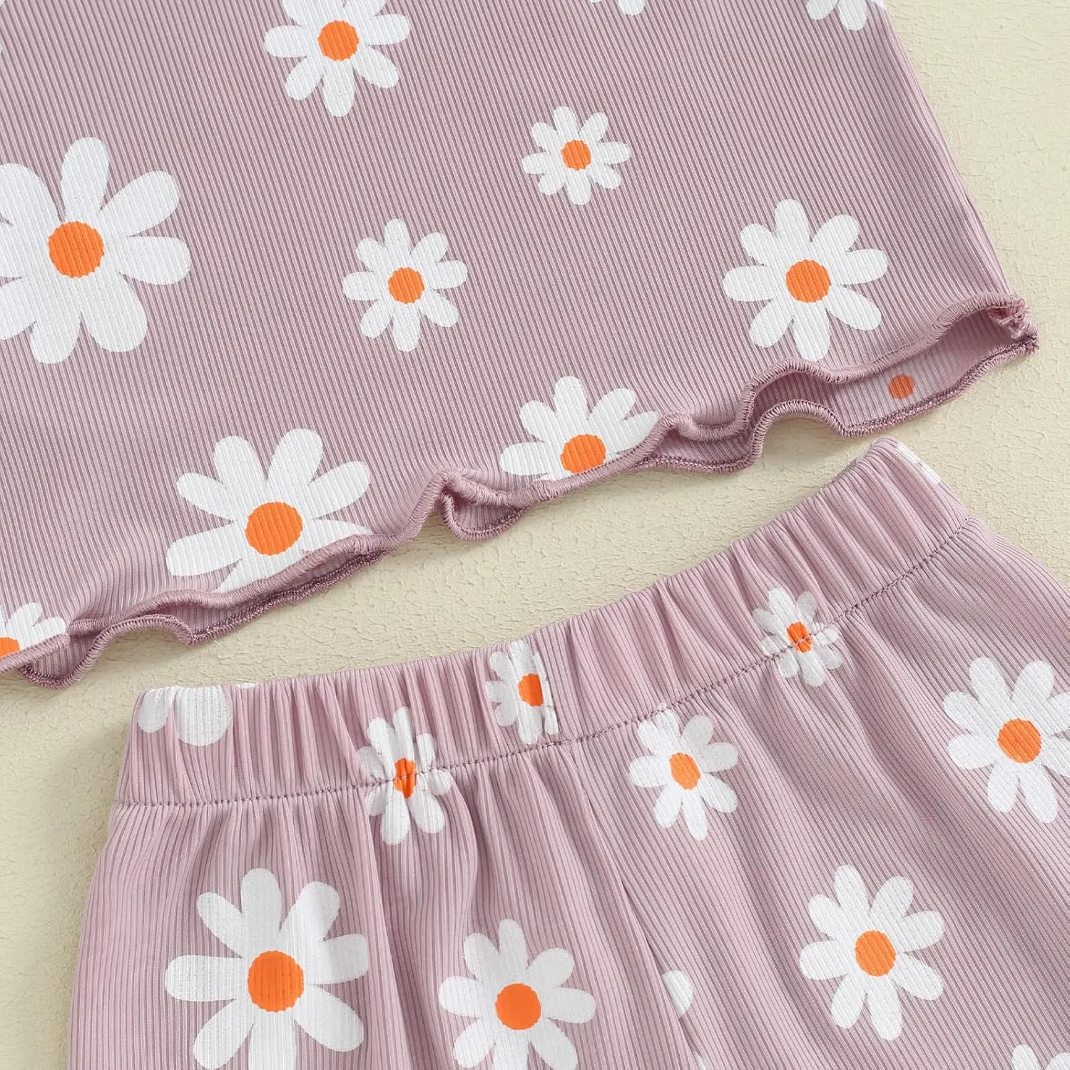 Kupretty Toddler Baby Girl Summer Clothes Ruffle Ribbed Knit Short Sleeves T-Shirt Tops   Shorts Cute Outfits Set