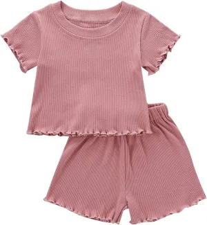 Kupretty Toddler Baby Girl Summer Clothes Ruffle Ribbed Knit Short Sleeves T-Shirt Tops   Shorts Cute Outfits Set