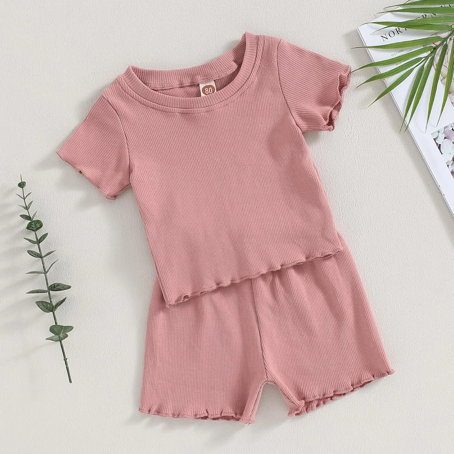 Kupretty Toddler Baby Girl Summer Clothes Ruffle Ribbed Knit Short Sleeves T-Shirt Tops   Shorts Cute Outfits Set