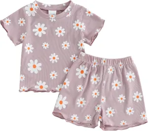 Kupretty Toddler Baby Girl Summer Clothes Ruffle Ribbed Knit Short Sleeves T-Shirt Tops   Shorts Cute Outfits Set
