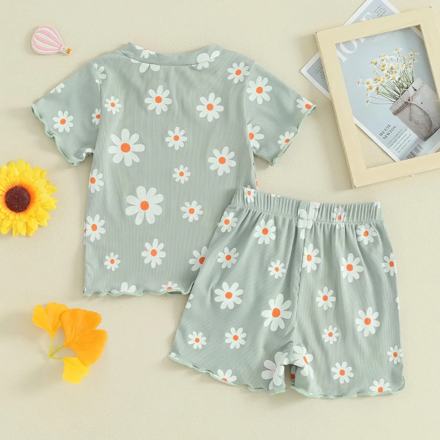 Kupretty Toddler Baby Girl Summer Clothes Ruffle Ribbed Knit Short Sleeves T-Shirt Tops   Shorts Cute Outfits Set