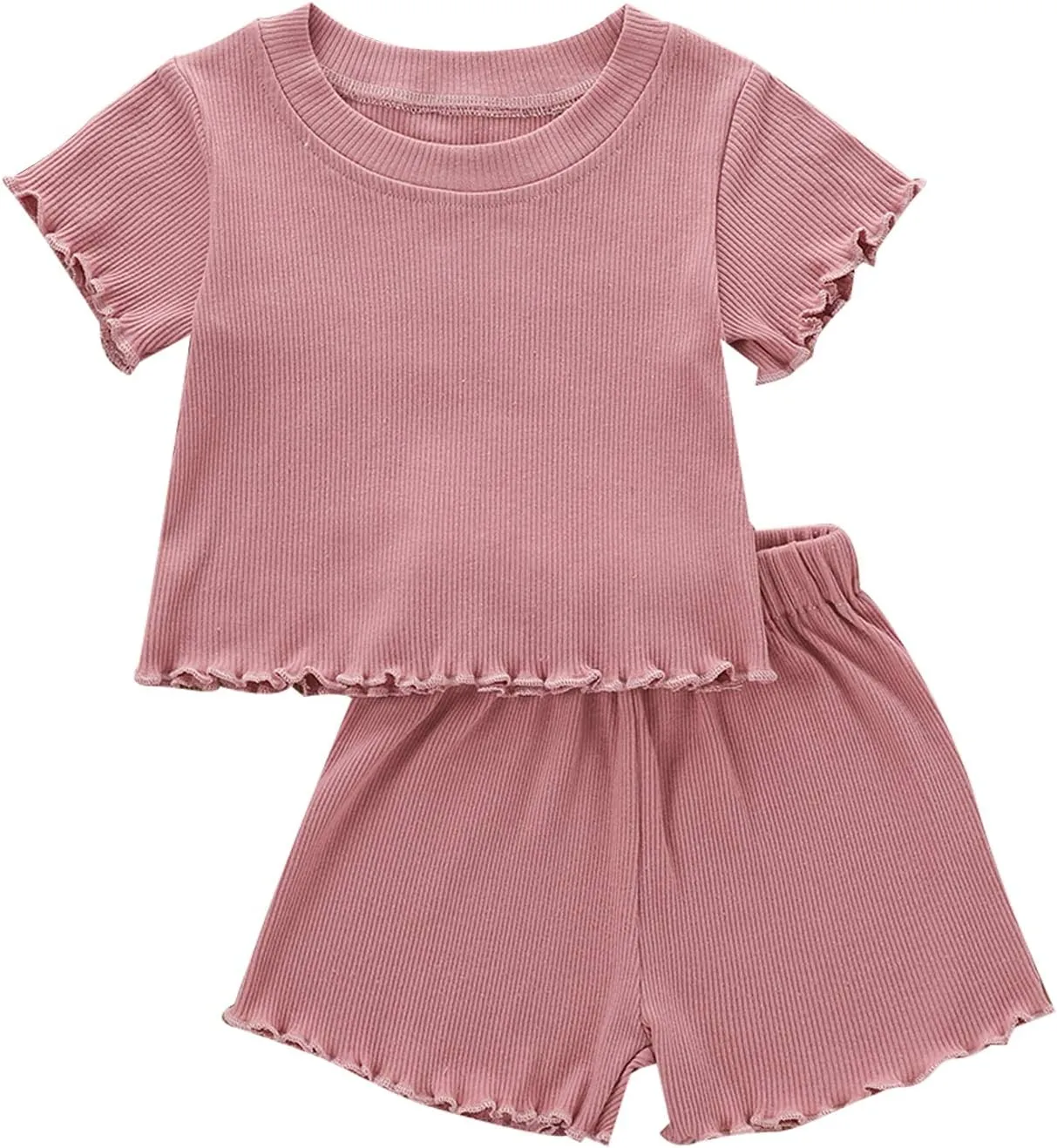 Kupretty Toddler Baby Girl Summer Clothes Ruffle Ribbed Knit Short Sleeves T-Shirt Tops   Shorts Cute Outfits Set