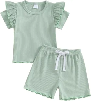 Kupretty Toddler Baby Girl Summer Clothes Ruffle Ribbed Knit Short Sleeves T-Shirt Tops   Shorts Cute Outfits Set
