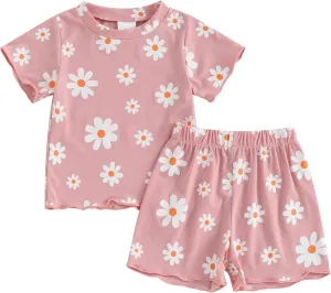 Kupretty Toddler Baby Girl Summer Clothes Ruffle Ribbed Knit Short Sleeves T-Shirt Tops   Shorts Cute Outfits Set