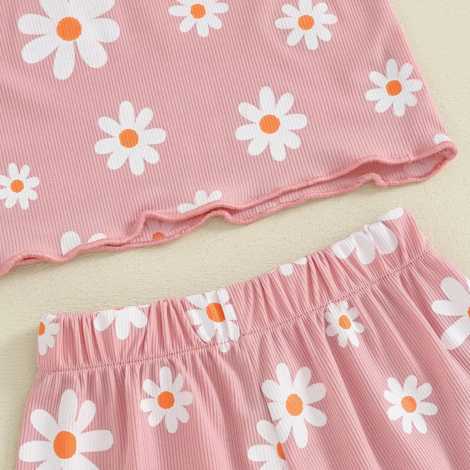 Kupretty Toddler Baby Girl Summer Clothes Ruffle Ribbed Knit Short Sleeves T-Shirt Tops   Shorts Cute Outfits Set