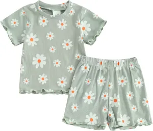 Kupretty Toddler Baby Girl Summer Clothes Ruffle Ribbed Knit Short Sleeves T-Shirt Tops   Shorts Cute Outfits Set