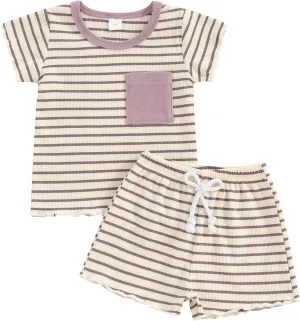 Kupretty Toddler Baby Girl Summer Clothes Ruffle Ribbed Knit Short Sleeves T-Shirt Tops   Shorts Cute Outfits Set