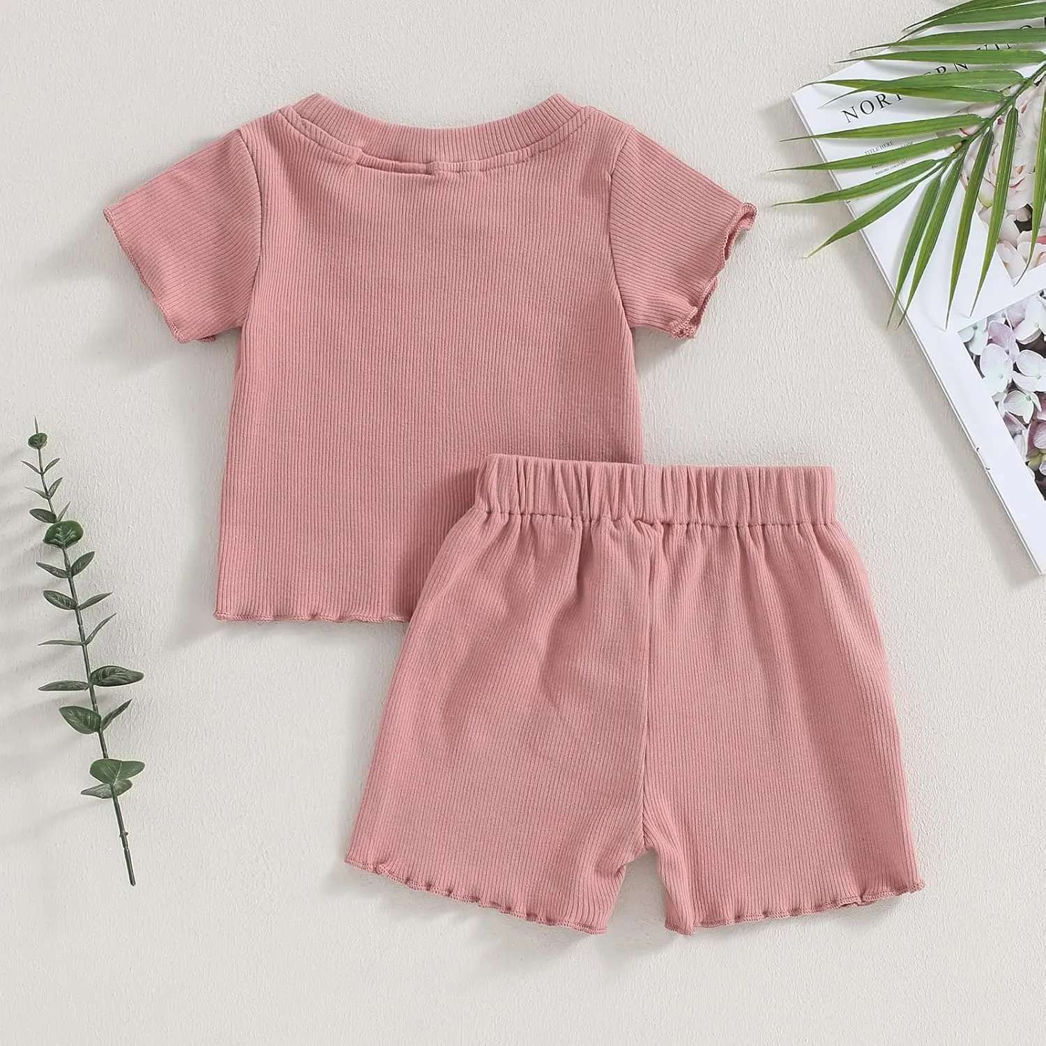 Kupretty Toddler Baby Girl Summer Clothes Ruffle Ribbed Knit Short Sleeves T-Shirt Tops   Shorts Cute Outfits Set