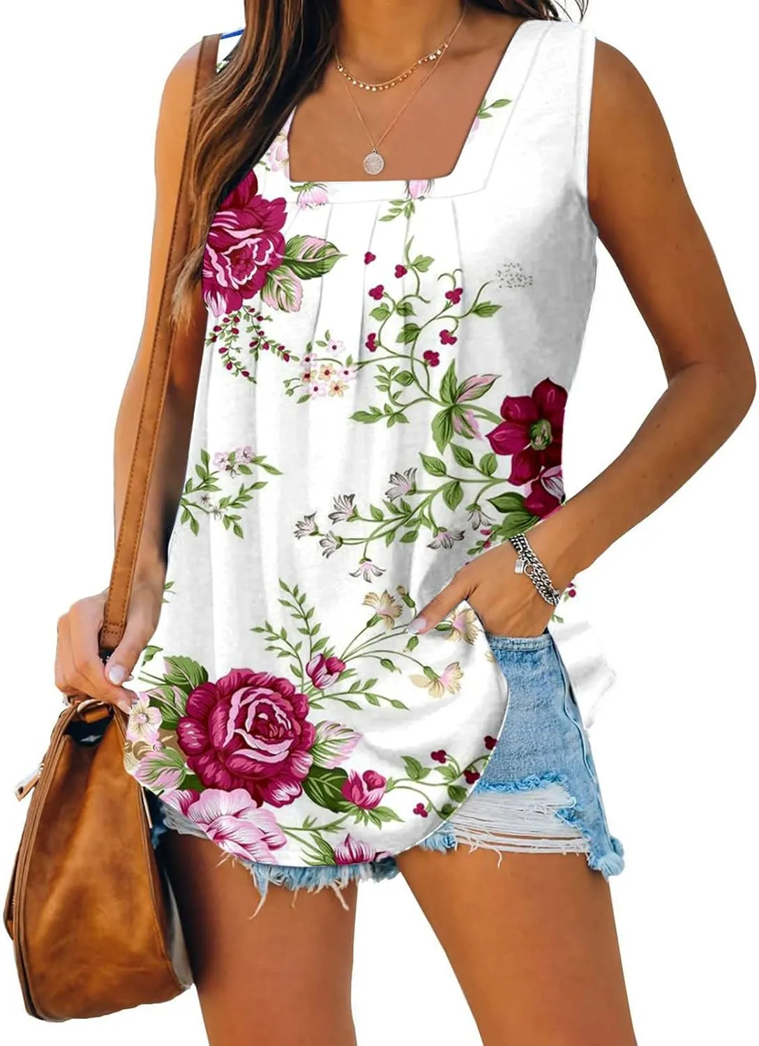Lastesso Women's Tank Tops Fashion Retro Flower Print Smocked Front Shirts Casual Square Neck Sleeveless Tops Summer Tanks