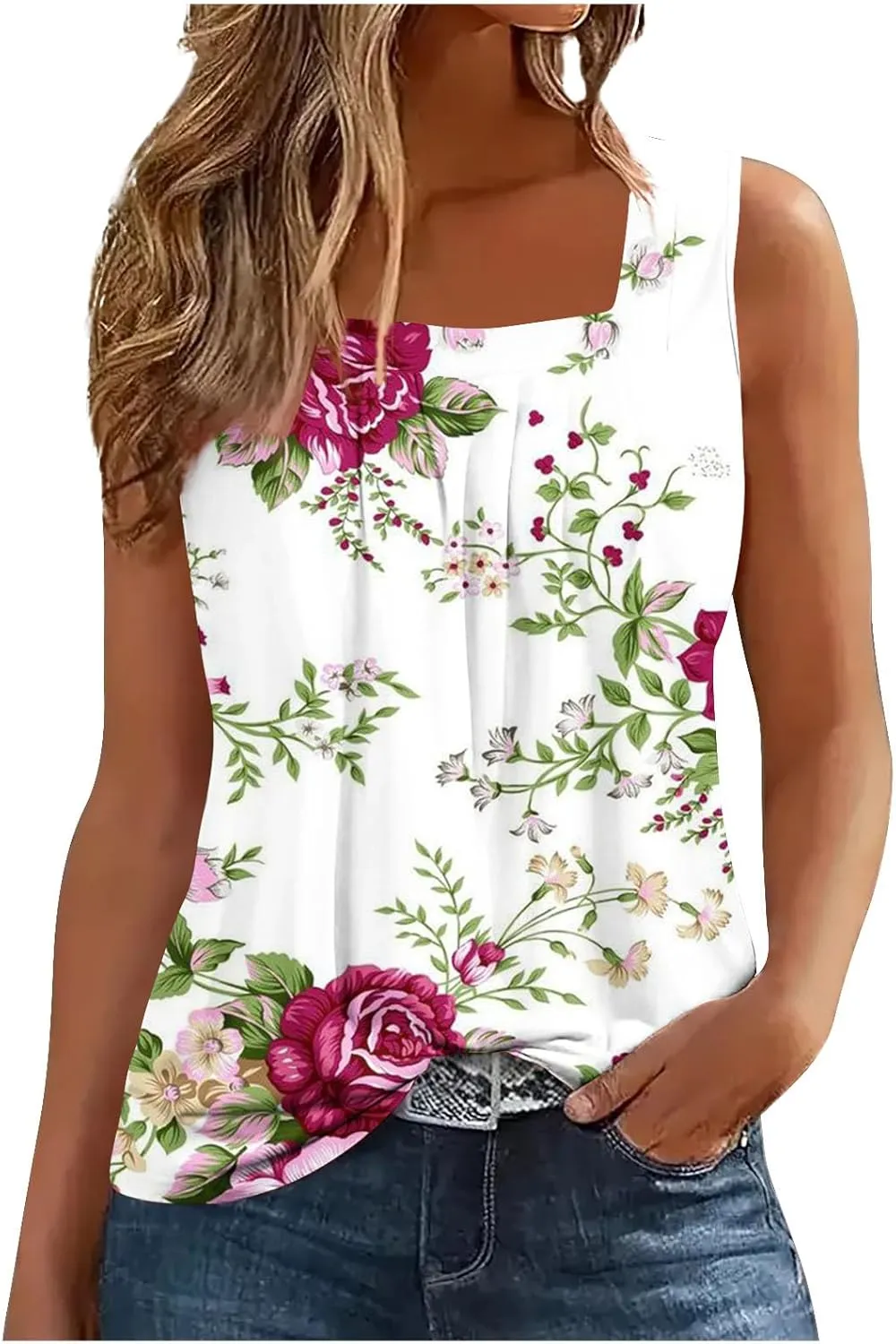 Lastesso Women's Tank Tops Fashion Retro Flower Print Smocked Front Shirts Casual Square Neck Sleeveless Tops Summer Tanks