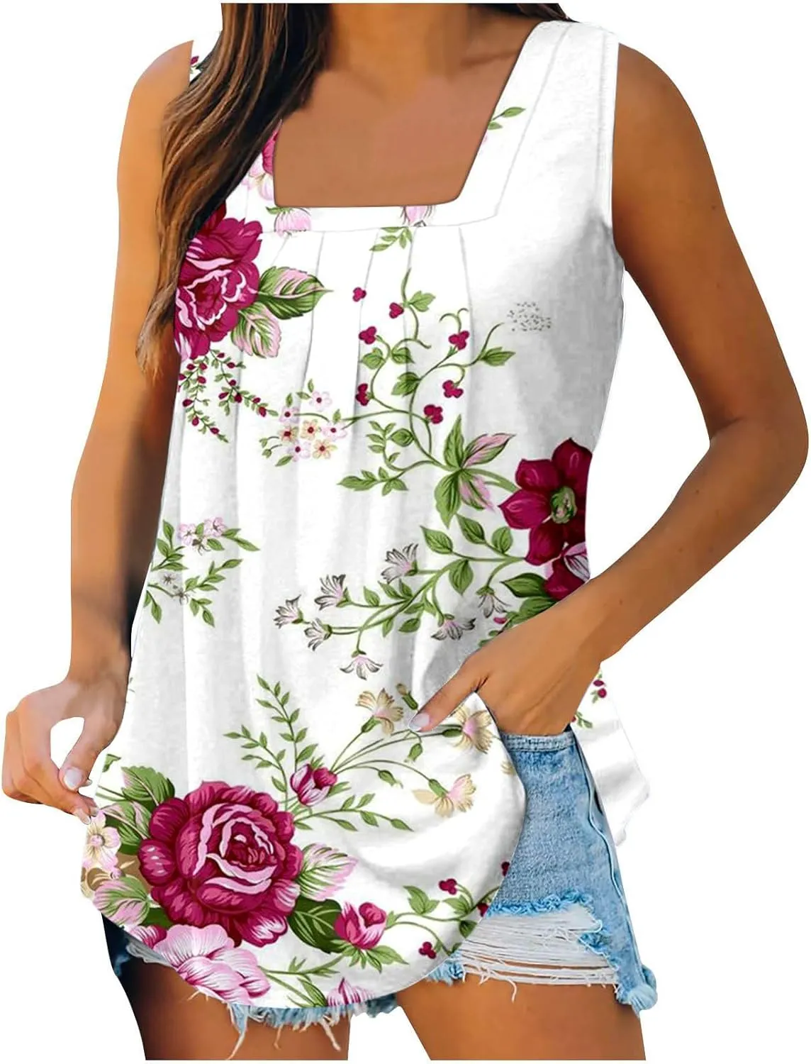Lastesso Women's Tank Tops Fashion Retro Flower Print Smocked Front Shirts Casual Square Neck Sleeveless Tops Summer Tanks