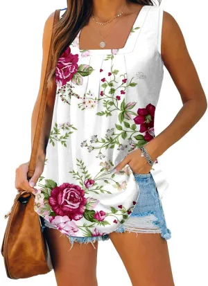 Lastesso Women's Tank Tops Fashion Retro Flower Print Smocked Front Shirts Casual Square Neck Sleeveless Tops Summer Tanks