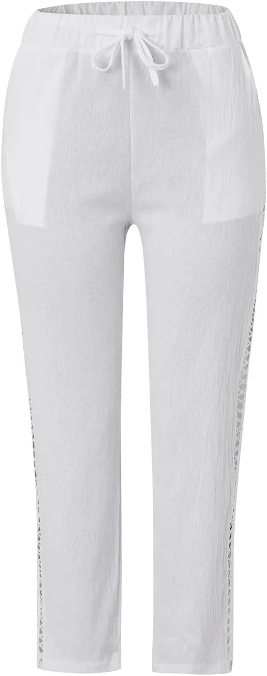 LCMTWX Linen Pants High Waist Pants Drawstring Capri Pants with Pockets Wide Leg Cropped Pants for Cotton Linen Pants Women