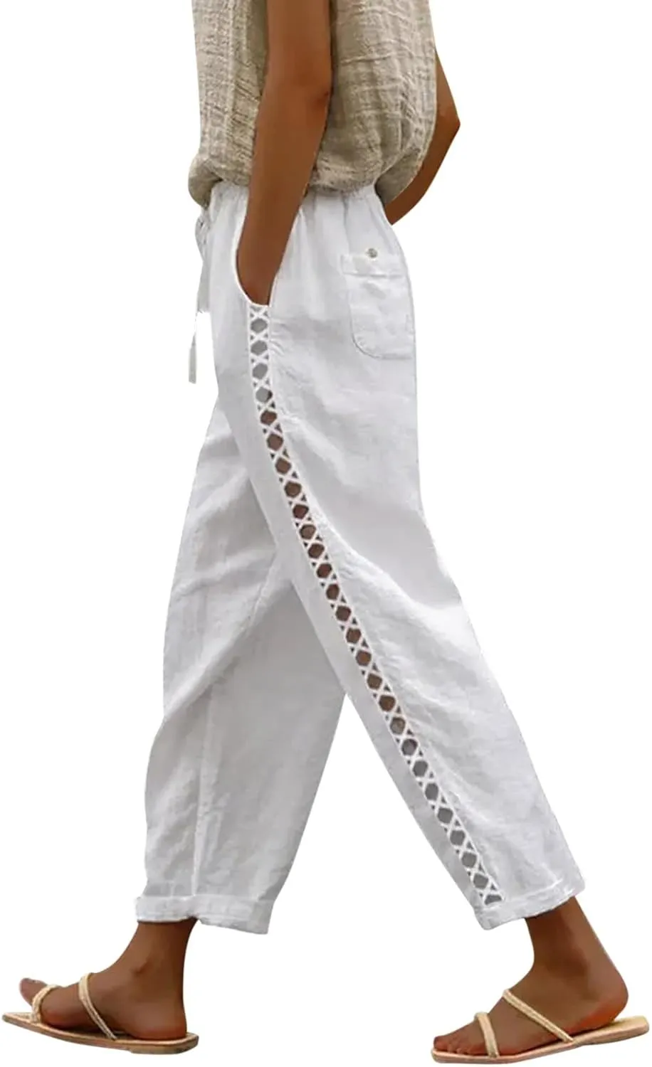 LCMTWX Linen Pants High Waist Pants Drawstring Capri Pants with Pockets Wide Leg Cropped Pants for Cotton Linen Pants Women