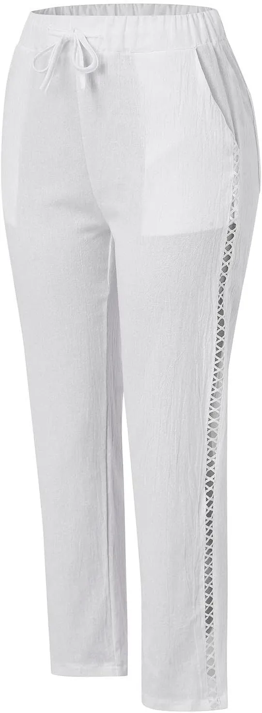 LCMTWX Linen Pants High Waist Pants Drawstring Capri Pants with Pockets Wide Leg Cropped Pants for Cotton Linen Pants Women