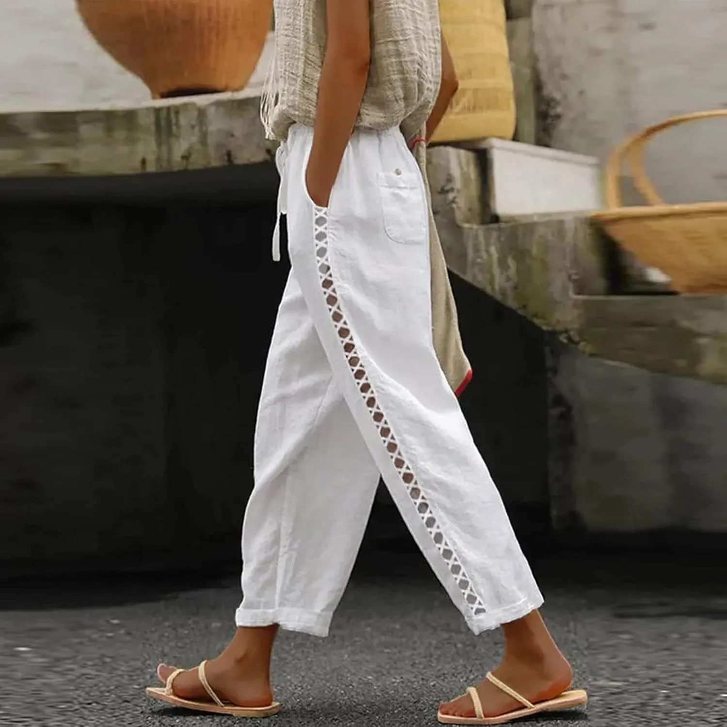 LCMTWX Linen Pants High Waist Pants Drawstring Capri Pants with Pockets Wide Leg Cropped Pants for Cotton Linen Pants Women