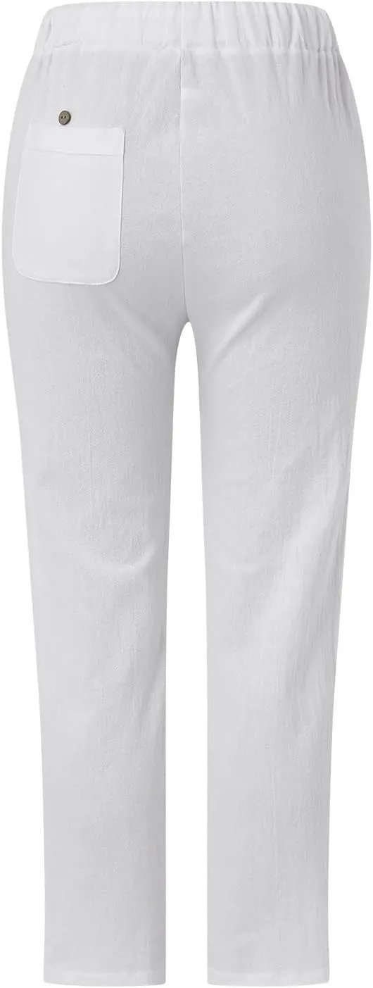 LCMTWX Linen Pants High Waist Pants Drawstring Capri Pants with Pockets Wide Leg Cropped Pants for Cotton Linen Pants Women