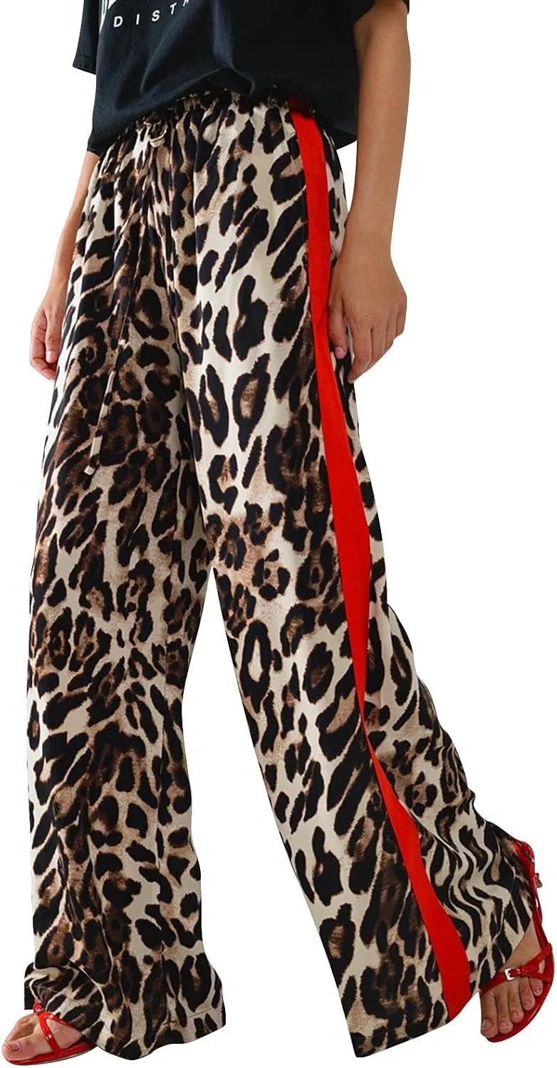 Leopard Pants Women Wide Leg Casual Drawstring Leopard Print Color Block Side Striped Straight Leg Loose Trousers