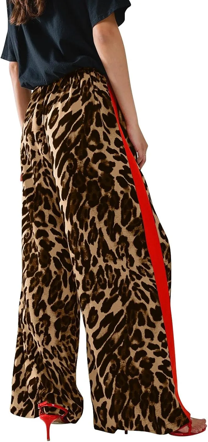 Leopard Pants Women Wide Leg Casual Drawstring Leopard Print Color Block Side Striped Straight Leg Loose Trousers